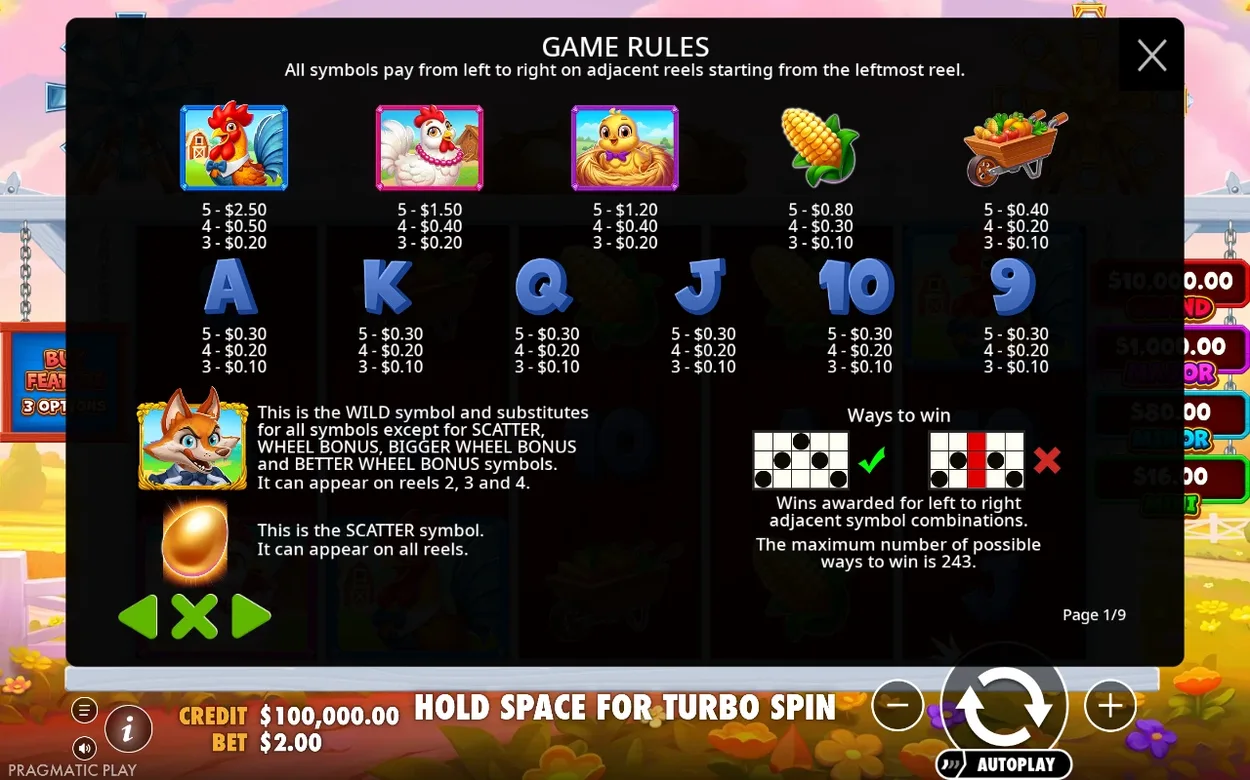 Game Rules page 1/9 lists rooster, hen and chick payouts plus the fox Wild and golden egg Scatter symbols.