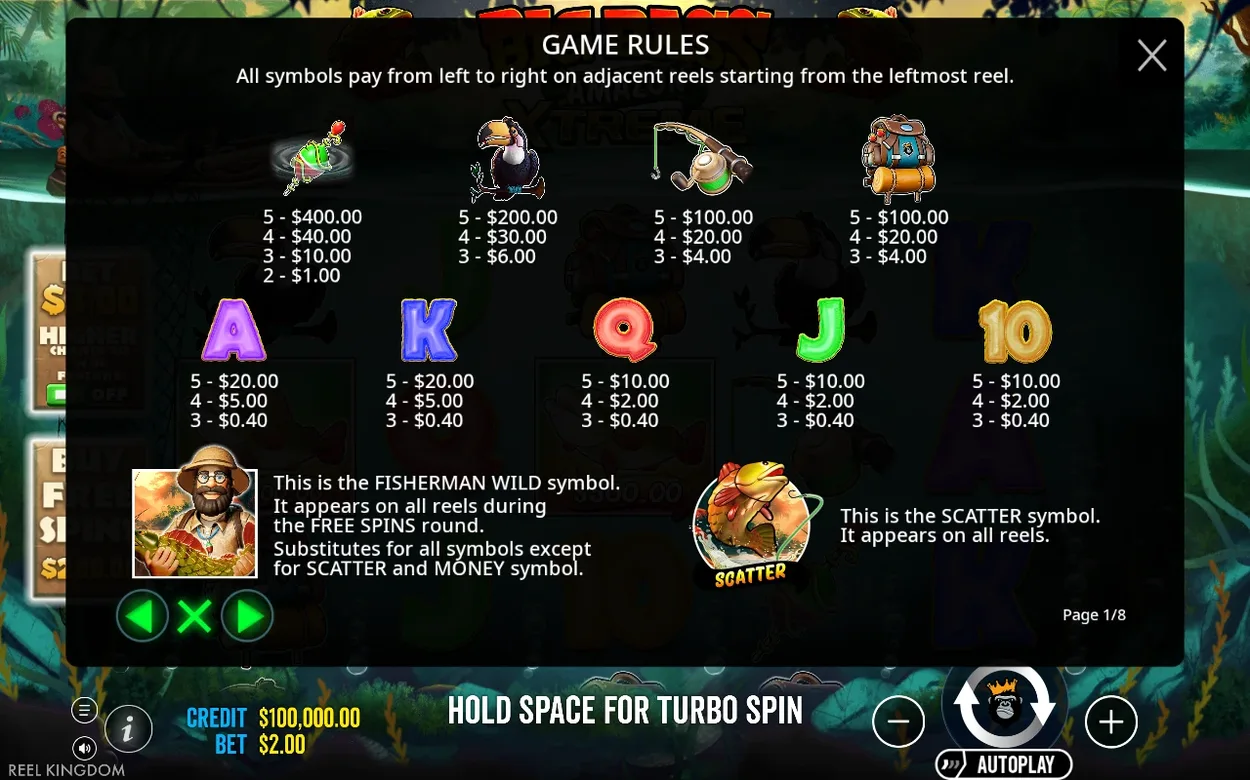 Page 1 of 8 game rules lists payouts for the lure, toucan, rod, backpack, royals, wild and scatter.