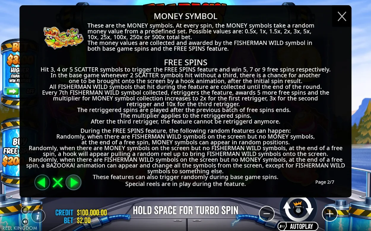 Paytable page 2/7 details Money symbol values and the Free Spins retrigger rules.