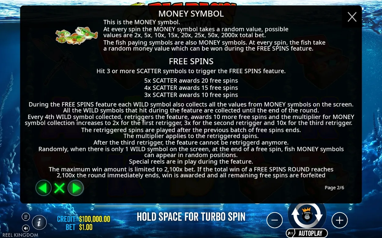 Page 2 of 6 explains MONEY symbol values 2x-2000x and Free Spins scatter trigger counts.