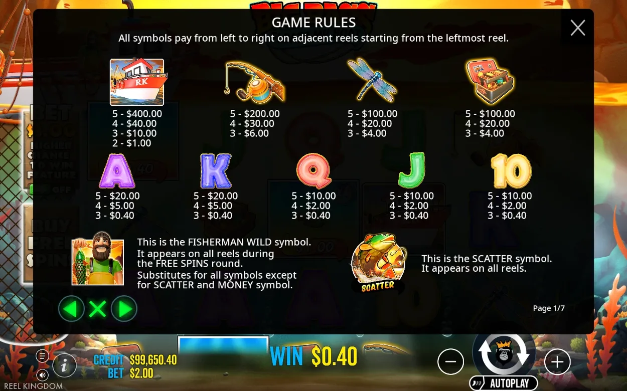 Rules page 1 of 7 shows payouts for RK Boat, rod, dragonfly, tackle box, royals, fisherman wild and scatter symbols.