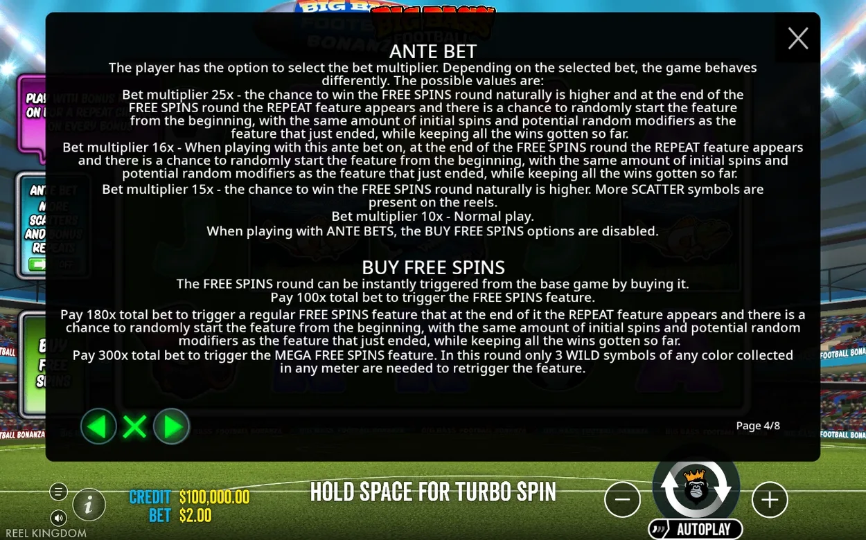 Rules page 4 of 8 details Ante Bet multipliers (10x-25x) and Buy Free Spins pricing from 100x to 300x bet.