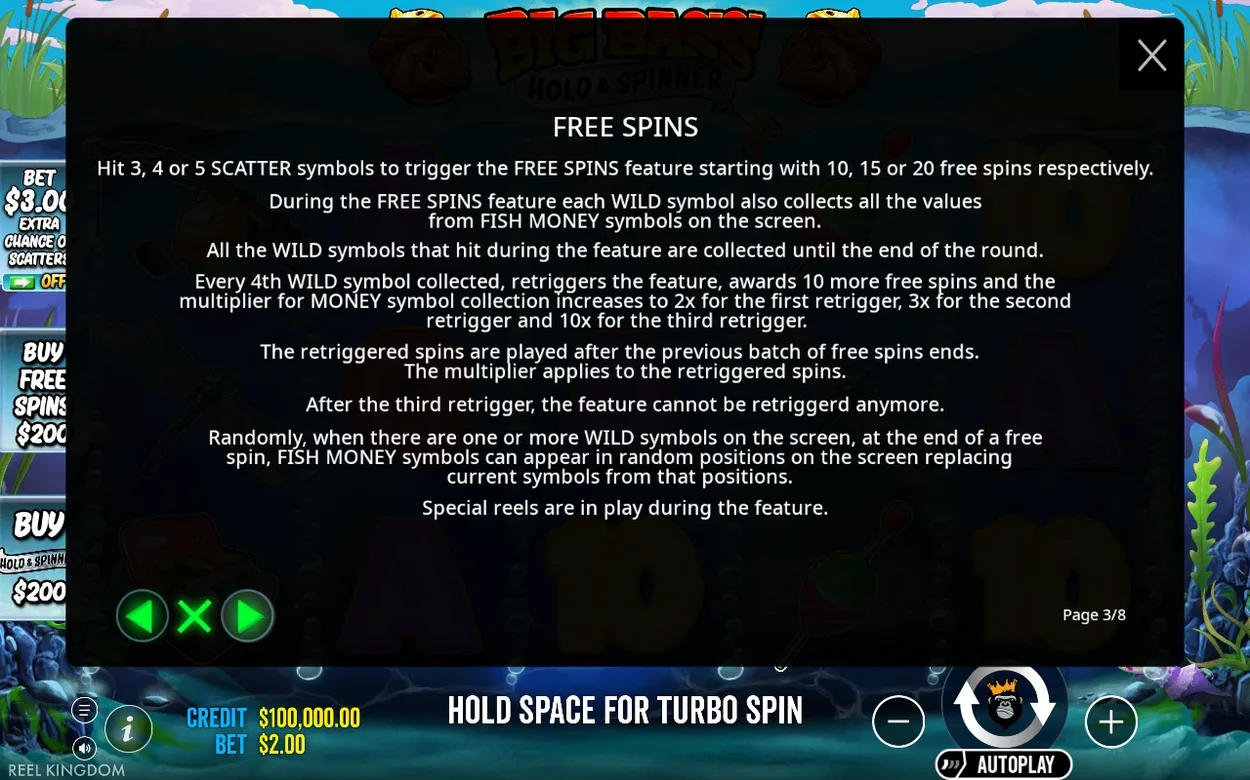 Rules page 3/8 details Free Spins triggers, Wild collection and the 2x/3x/10x retrigger multipliers