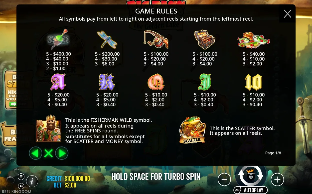 Paytable page 1 of 8 lists symbol payouts plus Fisherman Wild and Scatter rules in Game Rules.