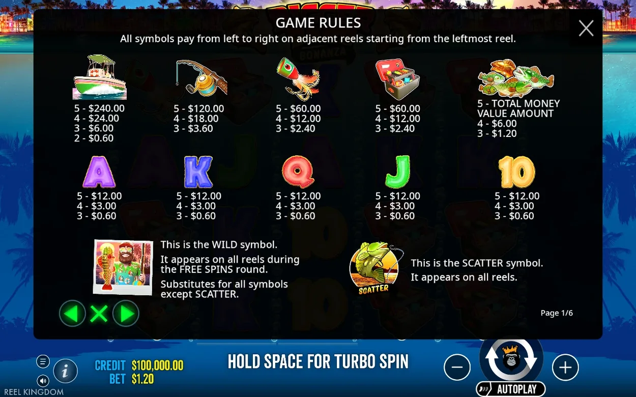 Game Rules page 1/6 lists payouts for boat, rod, lure, tackle box, money fish, letters, wild and scatter.