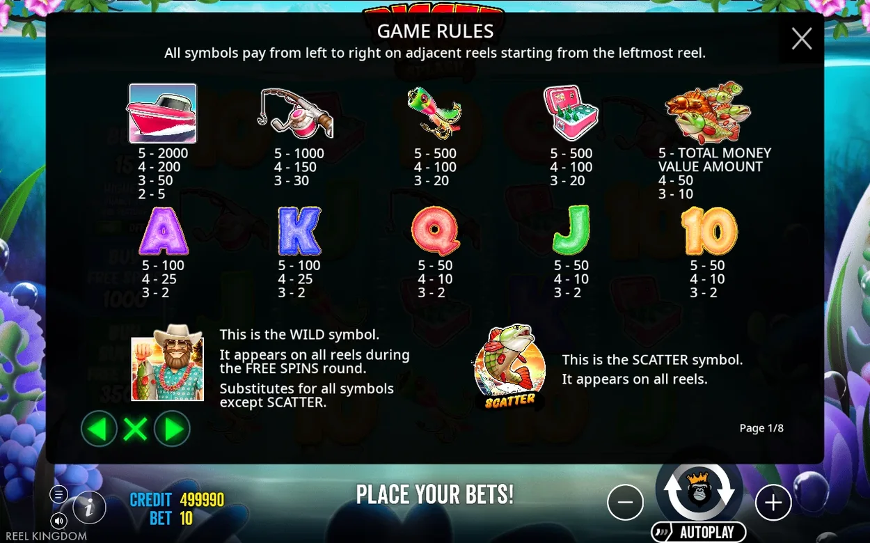 The rules overlay lists payouts for boat, rod, lure, cooler and fish symbols, with WILD and SCATTER explained below.