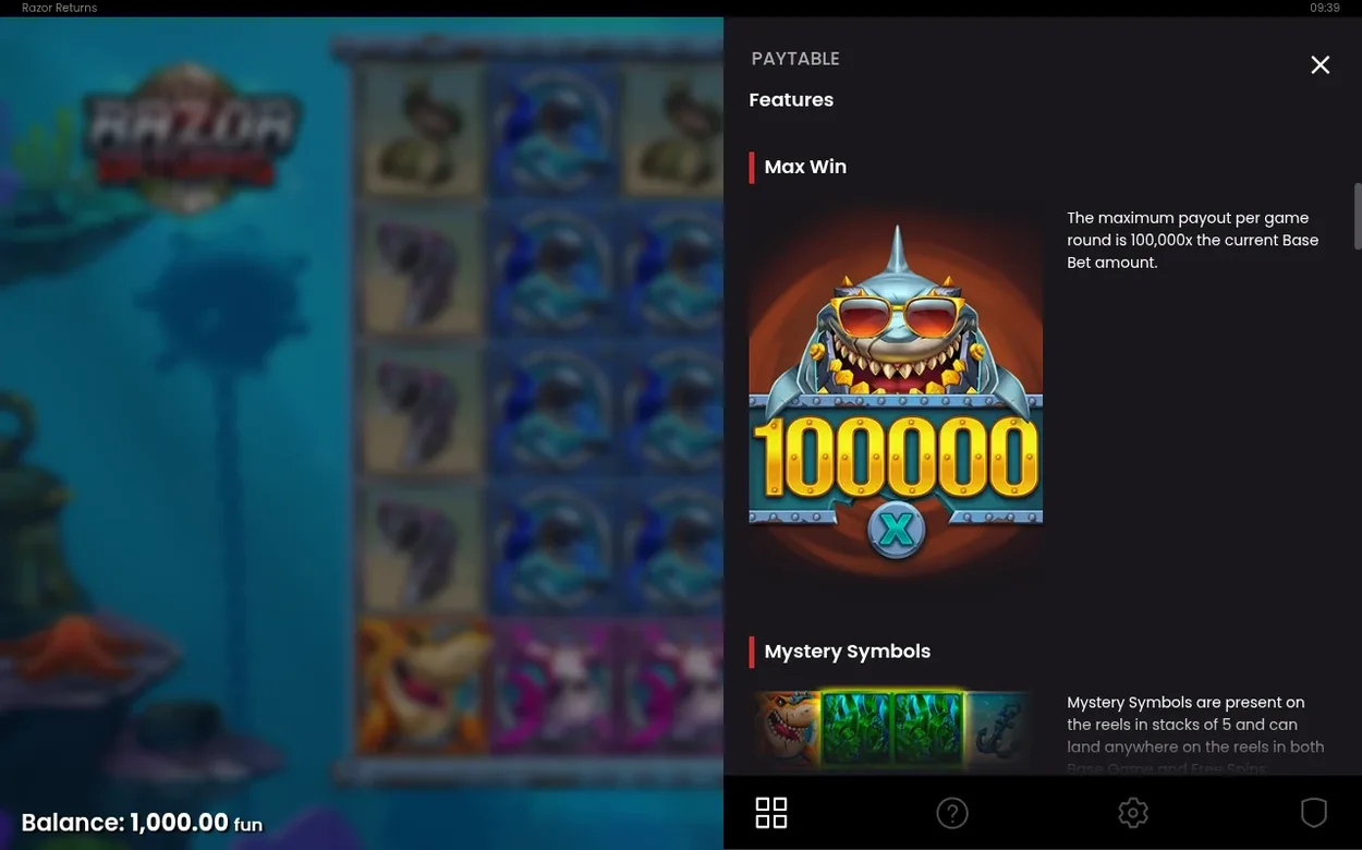 Paytable Features page shows the Max Win 100,000x shark banner above a Mystery Symbols section intro.