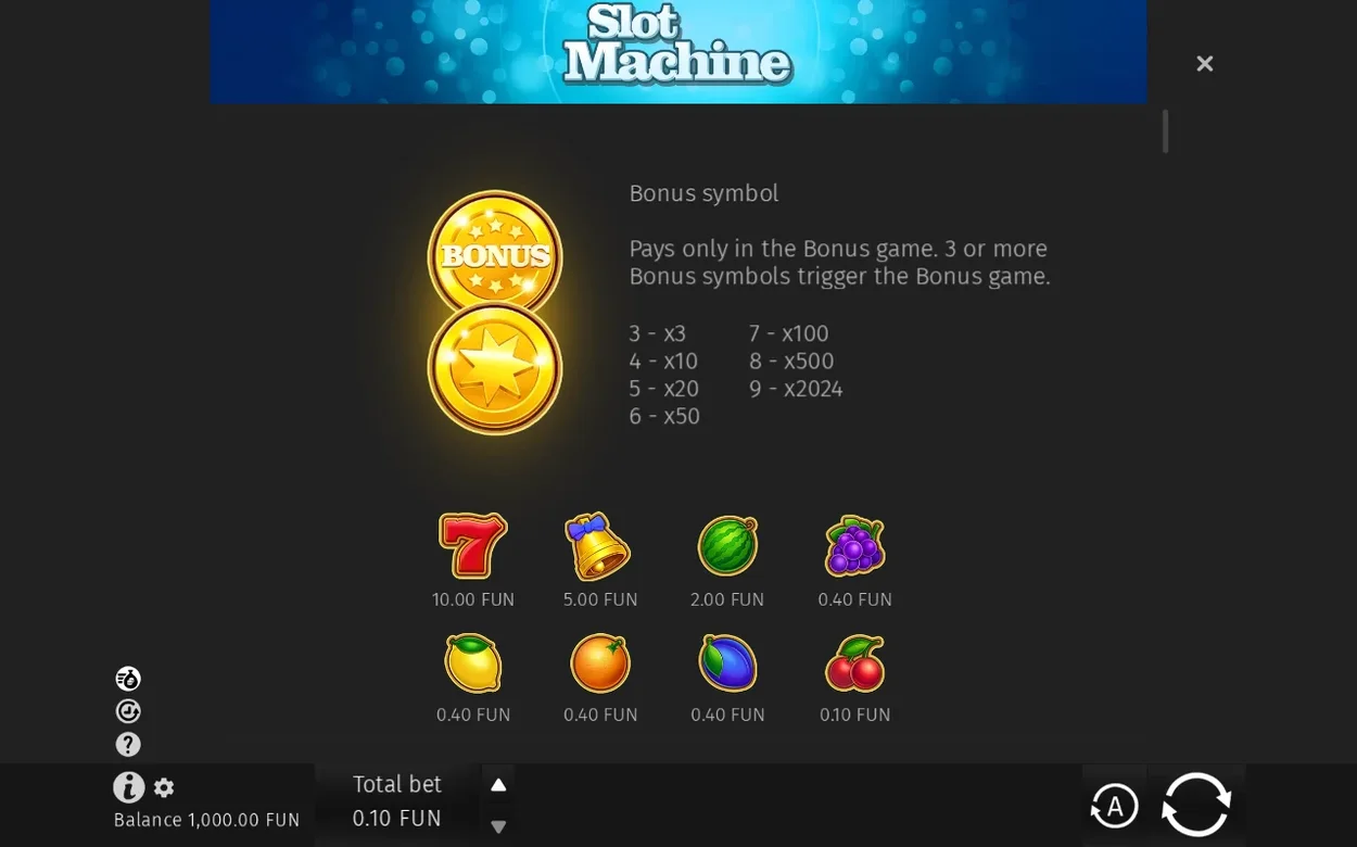 Paytable lists BONUS coin multipliers x3 to x2024 beside fruit values from 10.00 down to 0.10 FUN.