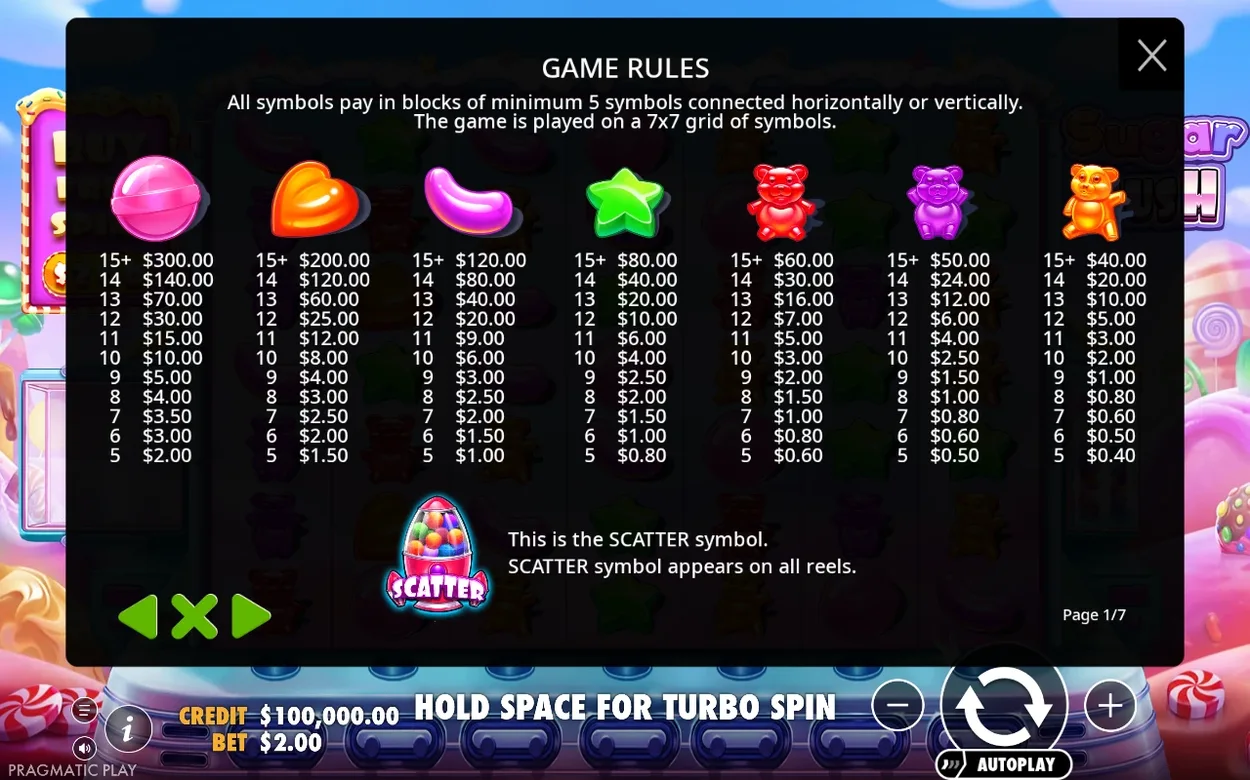 Game Rules page 1 of 7 lists payout tiers for the lollipop, heart, bean, star and three bears plus SCATTER.